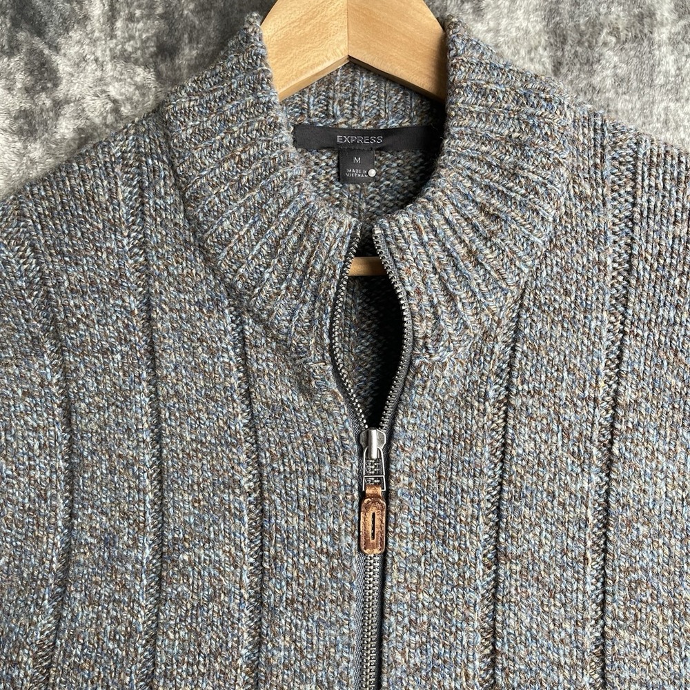 Express Mens M Gray Merino Wool Blend Full Zip Knit Cardigan Sweater
